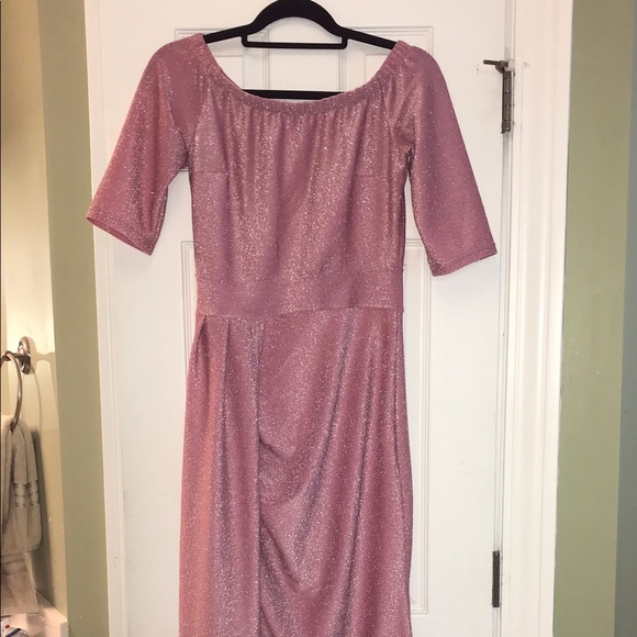 Off Shoulder Metallic Knit High Slit Evening Dress - Picture 7 of 8